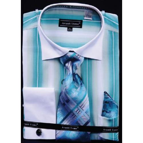 Avanti Uomo Teal / White Pinstripes Design Shirt / Tie / Hanky Set With Free Cufflinks DN59M.